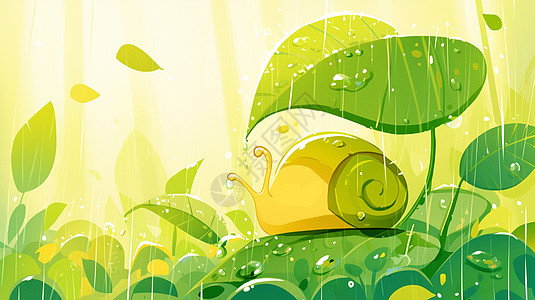 森林倒影大雨中一个萌萌的小蜗牛插画