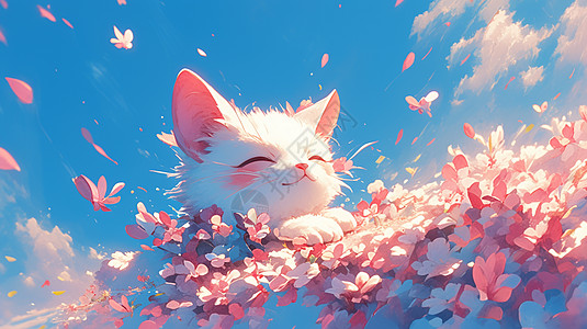 一只可爱的卡通小猫在春天粉色花丛中图片