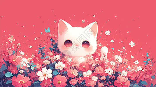 红色背景在粉色花丛中一只可爱的卡通小猫高清图片