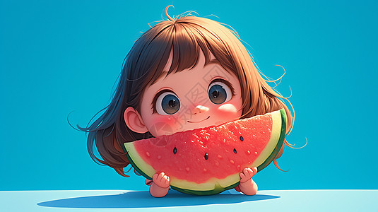 吃西瓜的卡通小女孩图片