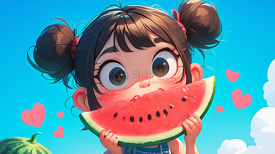 蓝天下吃西瓜的可爱卡通小女孩图片