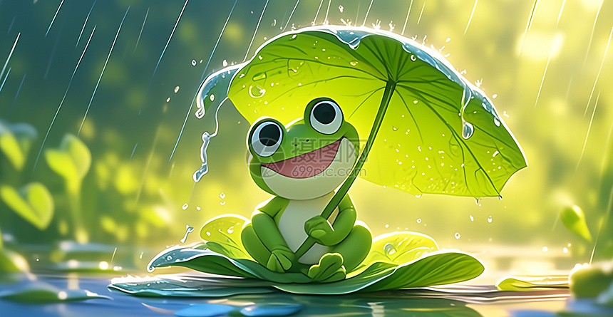 雨中坐在荷叶上的可爱绿色卡通小青蛙图片