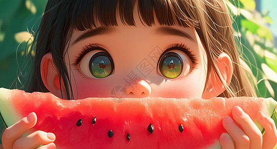 吃西瓜的可爱卡通小女孩背景图片