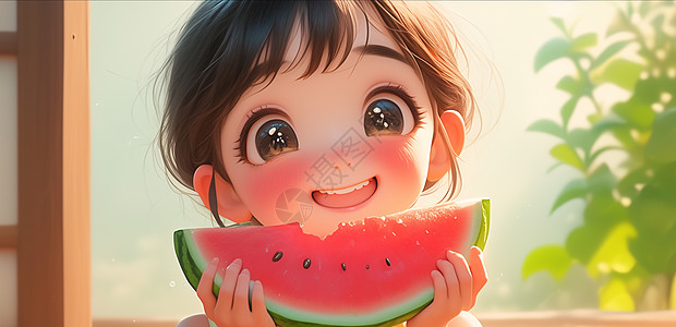 阳光下开心吃西瓜的可爱女孩高清图片