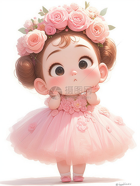 穿着粉色公主裙开心笑的可爱卡通小女孩图片