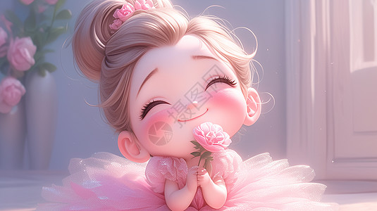 花朵开心笑的可爱卡通小女孩图片