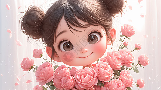 小女孩穿着粉色公主裙捧着花朵开心笑图片