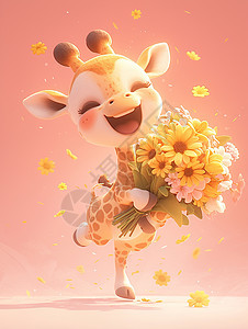 手捧着花朵开心笑跳舞的可爱长颈鹿图片