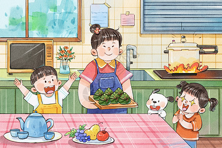 手绘水彩端午节妈妈煮好了粽子与儿童欢呼温馨插画图片