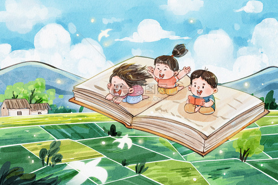 手绘水彩读书日飞翔的书本与儿童治愈系插画图片