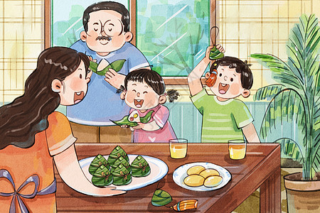 手绘水彩端午节一家人吃粽子温馨治愈插画图片