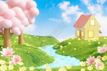 背景鲜花草地上的红顶木屋设计图片