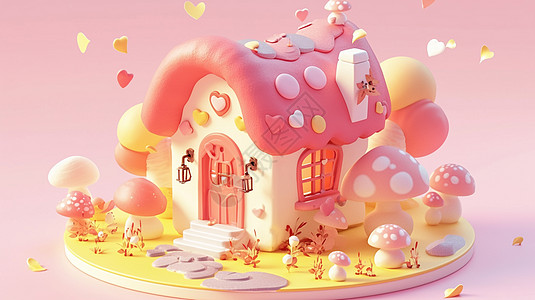 粉色蘑菇主题立体可爱的卡通小房子图片