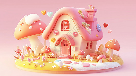 粉色蘑菇立体可爱的卡通小房子图片