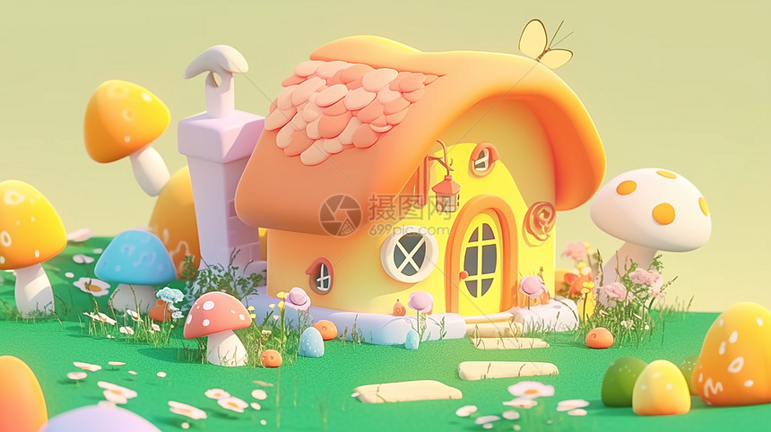 草地上一个蘑菇主题可爱的立体卡通小房子图片