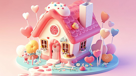 立体粉色糖果主题可爱的卡通小房子图片