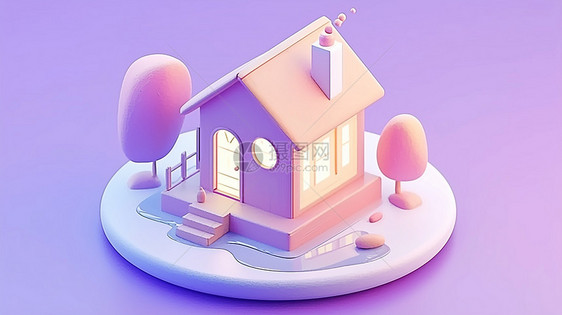 简约紫色调亮着灯的可爱卡通小房子图片
