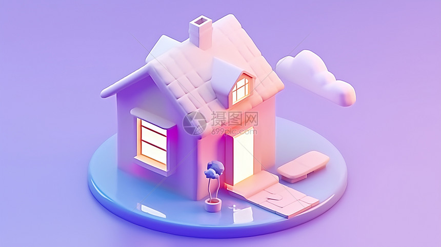 简约紫色调亮着灯的可爱立体卡通小房子图片