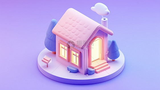 简约紫色调亮着灯的立体卡通小房子图片