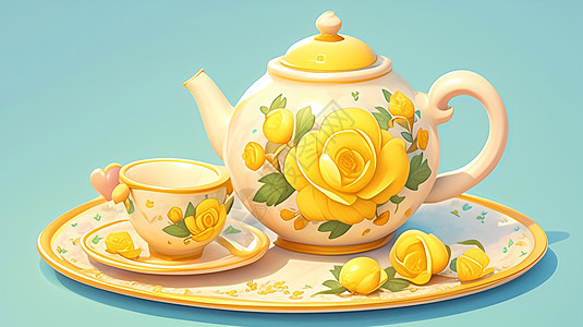 立体黄色花朵主题卡通茶具图片