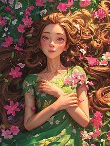 穿绿色裙子在花丛中的长发卡通女孩图片