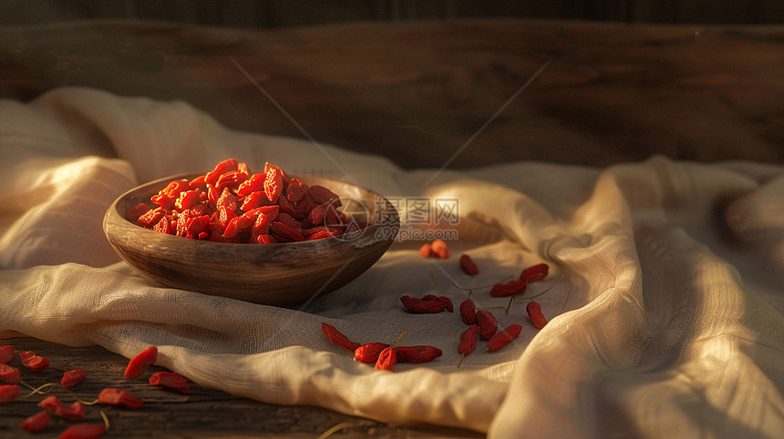 红色枸杞放在木桌上图片