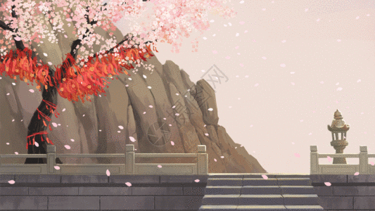 山背景图春日盛开的樱花树唯美GIF高清图片