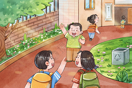 小学生书包手绘水彩开学季陆陆续续上学的学生插画插画