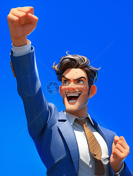 深蓝色背景穿西装举着拳头胜利手势开心的男人图片