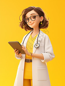 黄色背景穿着白大褂的卡通医生图片