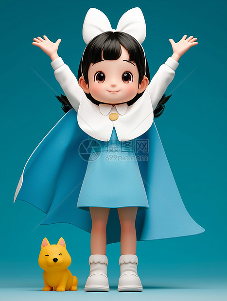 身边带着宠物穿着蓝色斗篷双手举起的可爱卡通小女孩图片