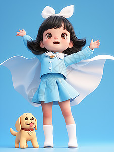 蓝色背景穿着白色斗篷双手举起的可爱卡通小女孩图片