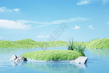 夏季清新唯美背景水面草地场景设计图片