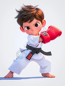 3D儿童白色背景戴着红色拳套练拳击的卡通小男孩插画