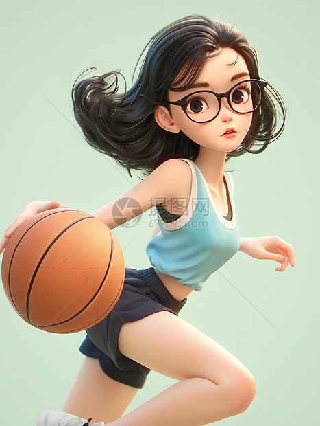 戴着黑框眼镜打篮球立体可爱的女人图片