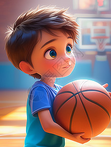在篮球场开心抱着篮球的小男孩图片