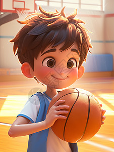 开心抱着篮球的卡通小男孩图片