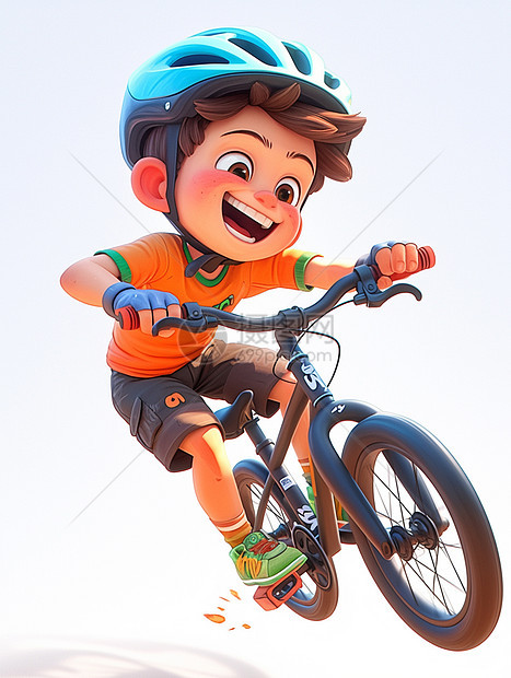 戴着蓝色头盔开心骑自行车的男孩图片