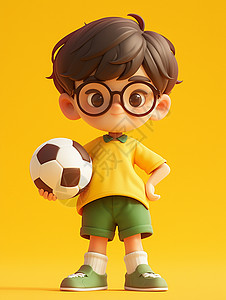足球馆黄色背景抱着足球穿着黄色T恤的立体卡通小男孩插画