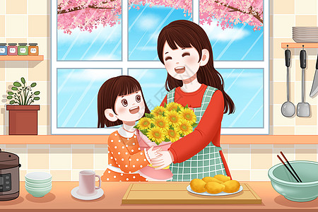 38妇女节感恩母亲节插画厨房里温馨的母女插画