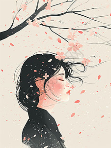在飘着花瓣的树下一个小清新卡通女孩图片