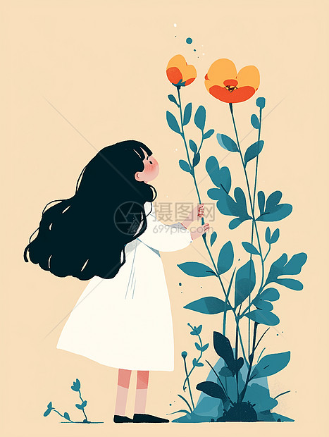 穿着白色连衣裙的女孩站在花朵旁图片