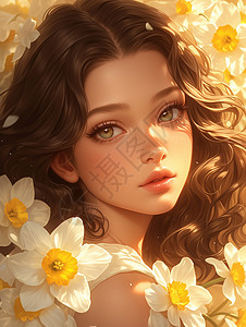 在白色花丛中梦幻漂亮的小女孩图片