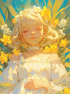 暖色调在黄色花丛中梦幻漂亮的小清新卡通女孩图片