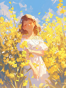 暖色调花丛中梦幻漂亮的小清新卡通女孩背景图片