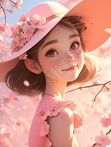 戴着粉色花朵帽子的小女孩图片