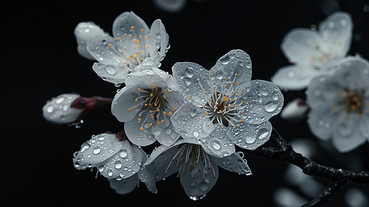 花瓣上有着雨滴的梨花图片