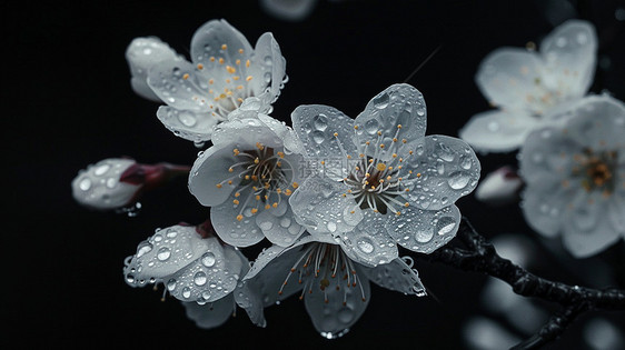 花瓣上有着雨滴的梨花图片