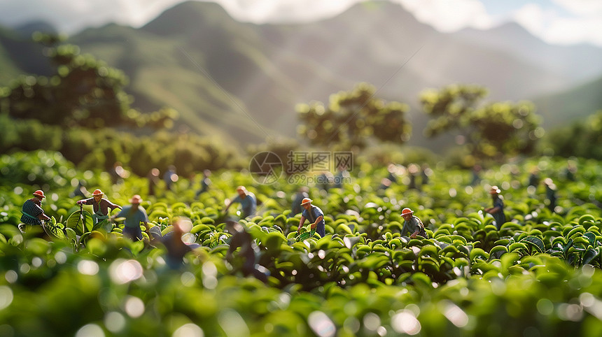 在茶园中忙碌的农民微缩场景图片