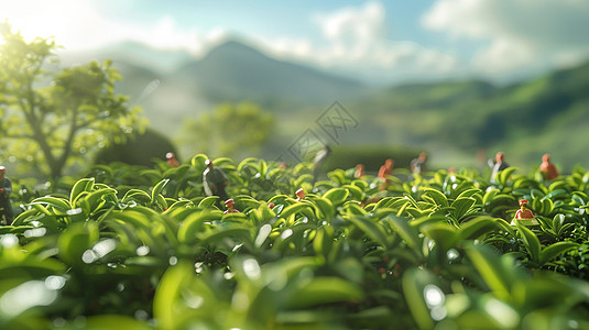 雨天茶园茶园中忙碌的农民微缩场景插画